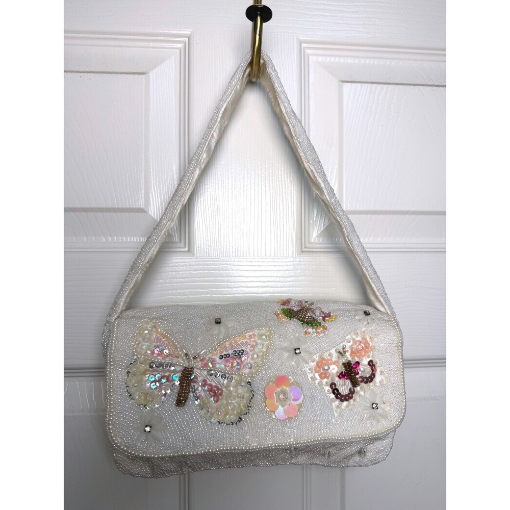Valerie Stevens White Beaded Butterfly Sequin Shoulder Bag Vintage Y2K Formal